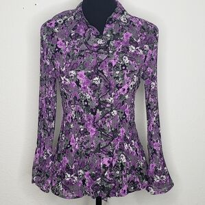APT 9 Womens Dark Floral Sheer Bell Sleeve Blouse Size M Petite Y2K Fairy Grunge